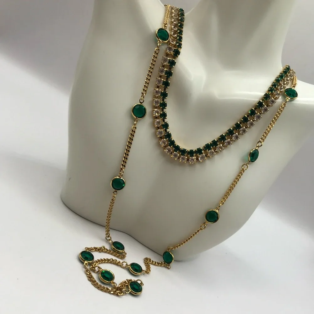 Vintage Monet Green & Clear Rhinestone Necklace +1 - Picture 2 of 7